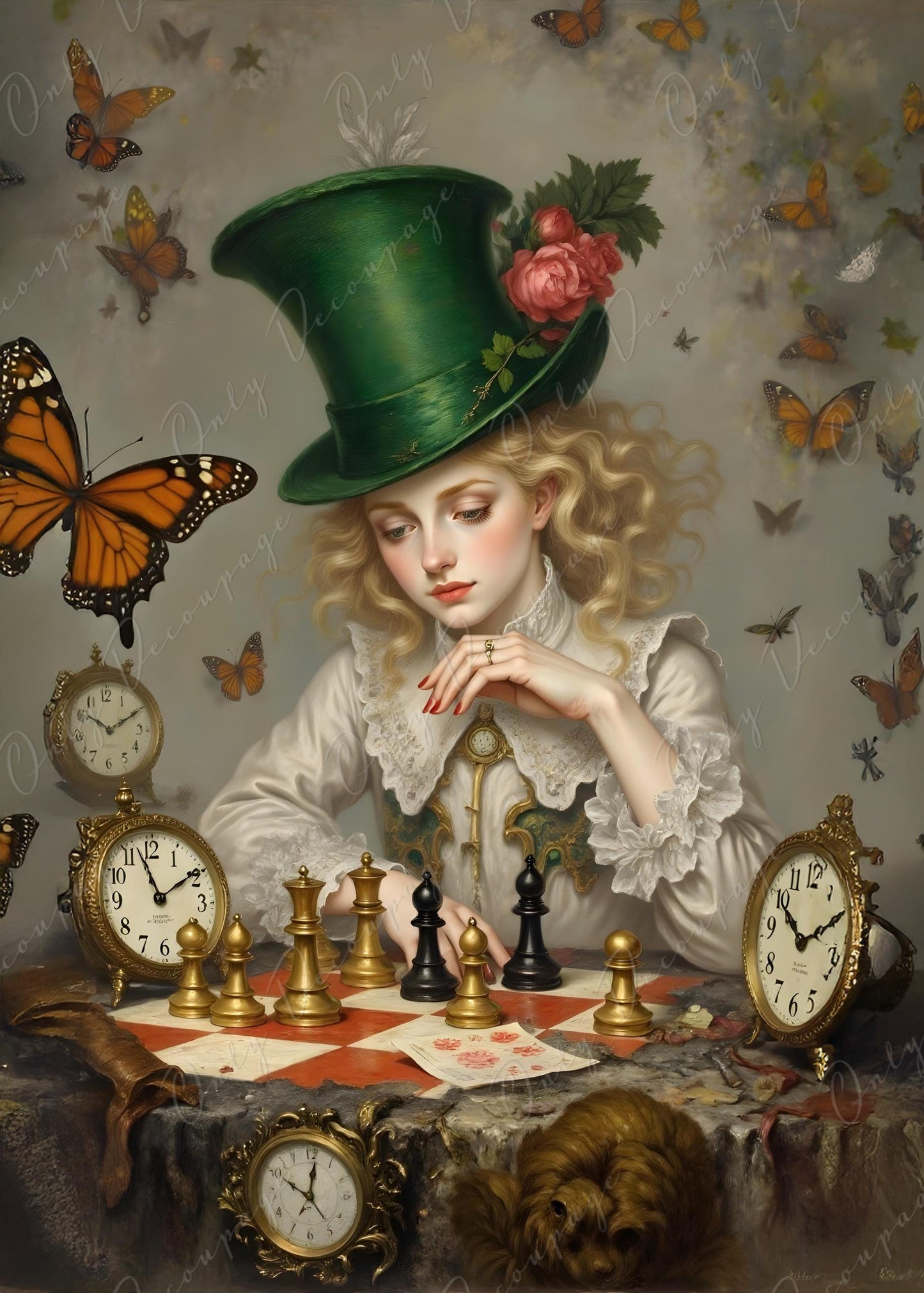 Green Hat Alice - Decoupage Paper - 6 Size Options - Chess - Vintage Clock - Butterfly