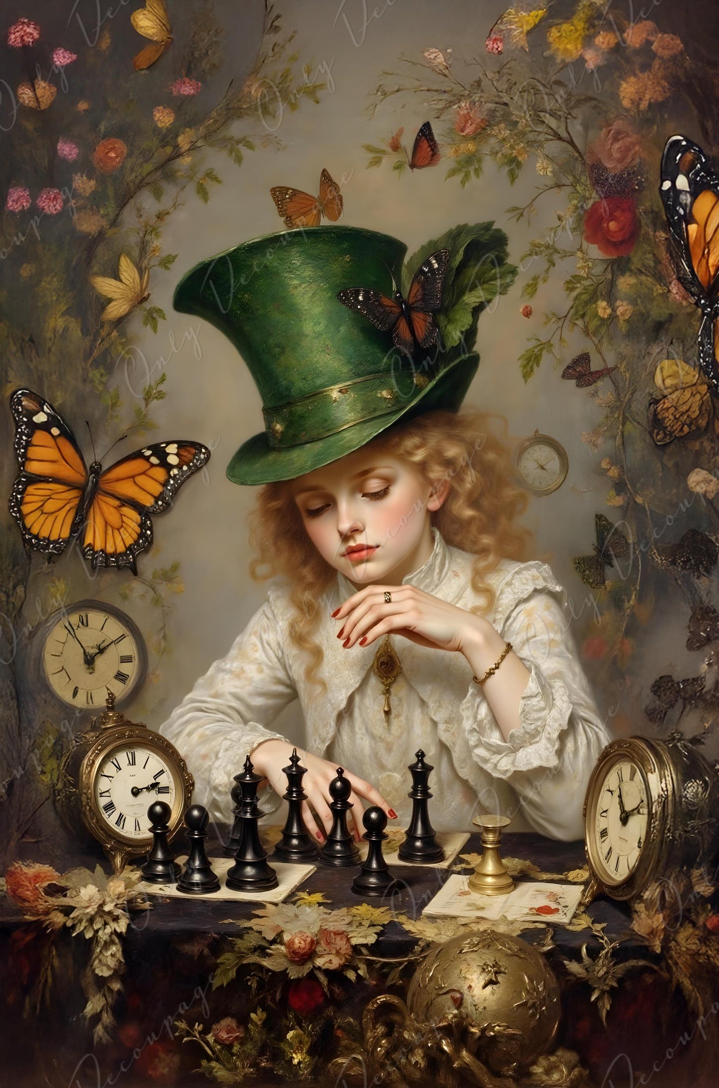 Green Hat Alice - Decoupage Paper - 6 Size Options - Chess - Vintage Clock - Butterfly
