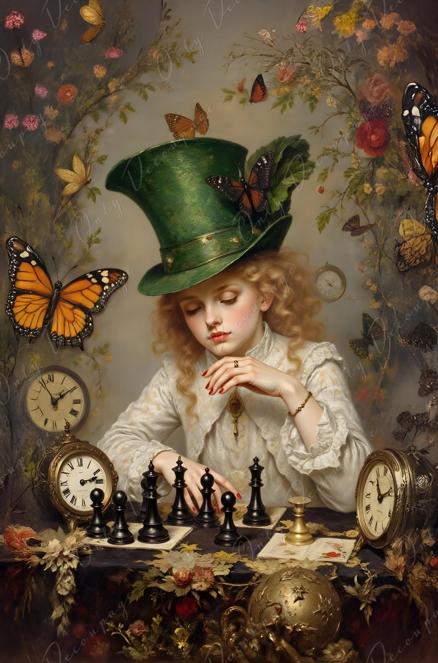Green Hat Alice - Decoupage Paper - 6 Size Options - Chess - Vintage Clock - Butterfly