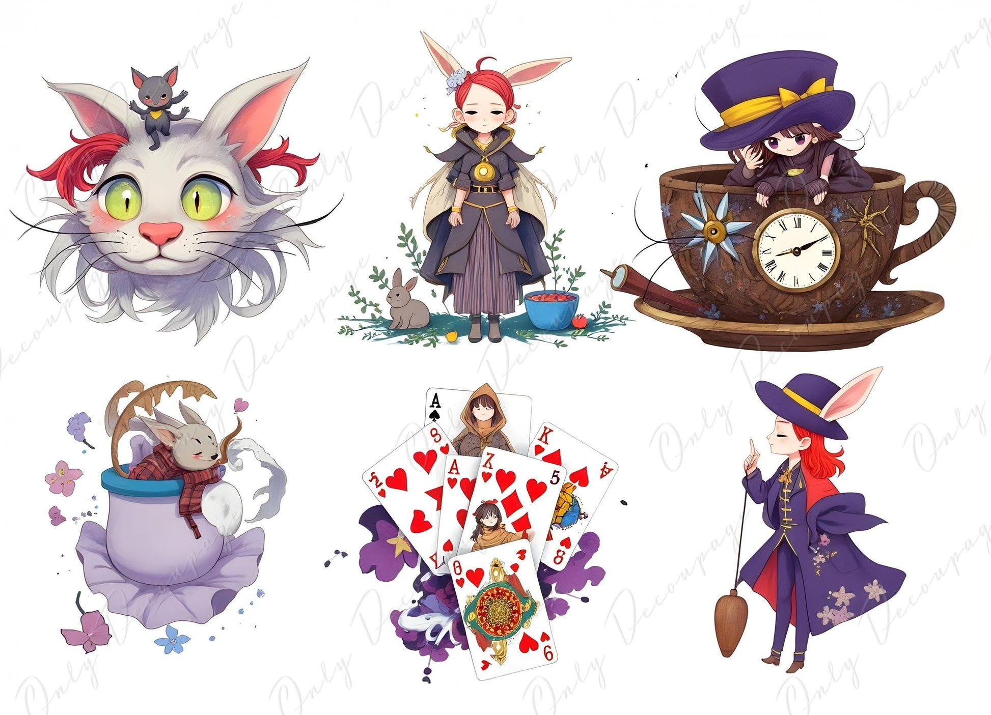 Wonderlan Alice Collage - Decoupage Paper - 6 Size Options - Tea Time- Rabbit - Cat