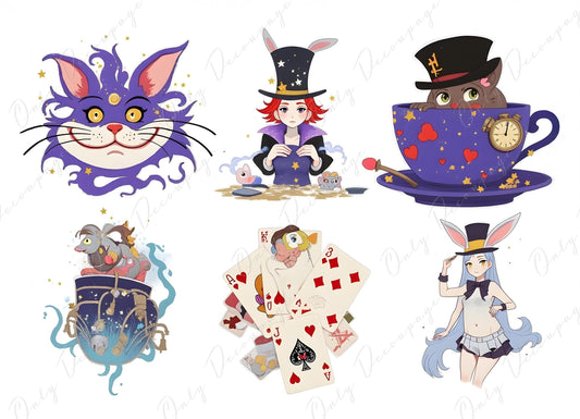Wonderlan Alice Collage - Decoupage Paper - 6 Size Options - Tea Time- Rabbit - Cat
