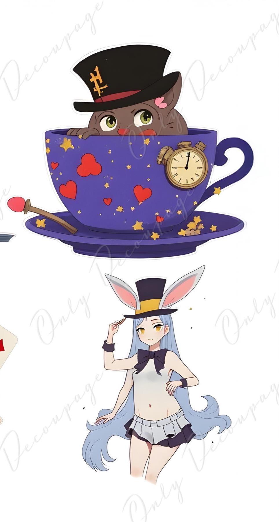 Wonderlan Alice Collage - Decoupage Paper - 6 Size Options - Tea Time- Rabbit - Cat