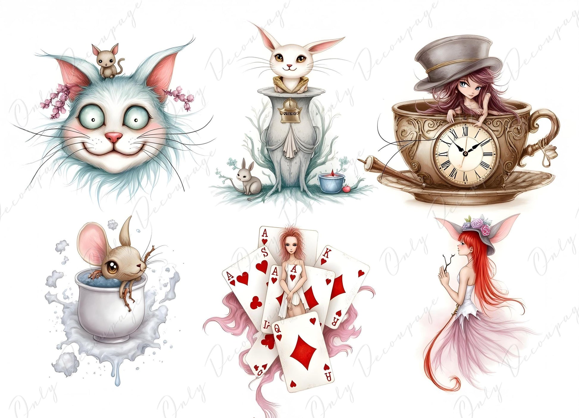 Wonderlan Alice Collage - Decoupage Paper - 6 Size Options - Tea Time - Rabbit - Cat