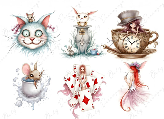 Wonderlan Alice Collage - Decoupage Paper - 6 Size Options - Tea Time - Rabbit - Cat