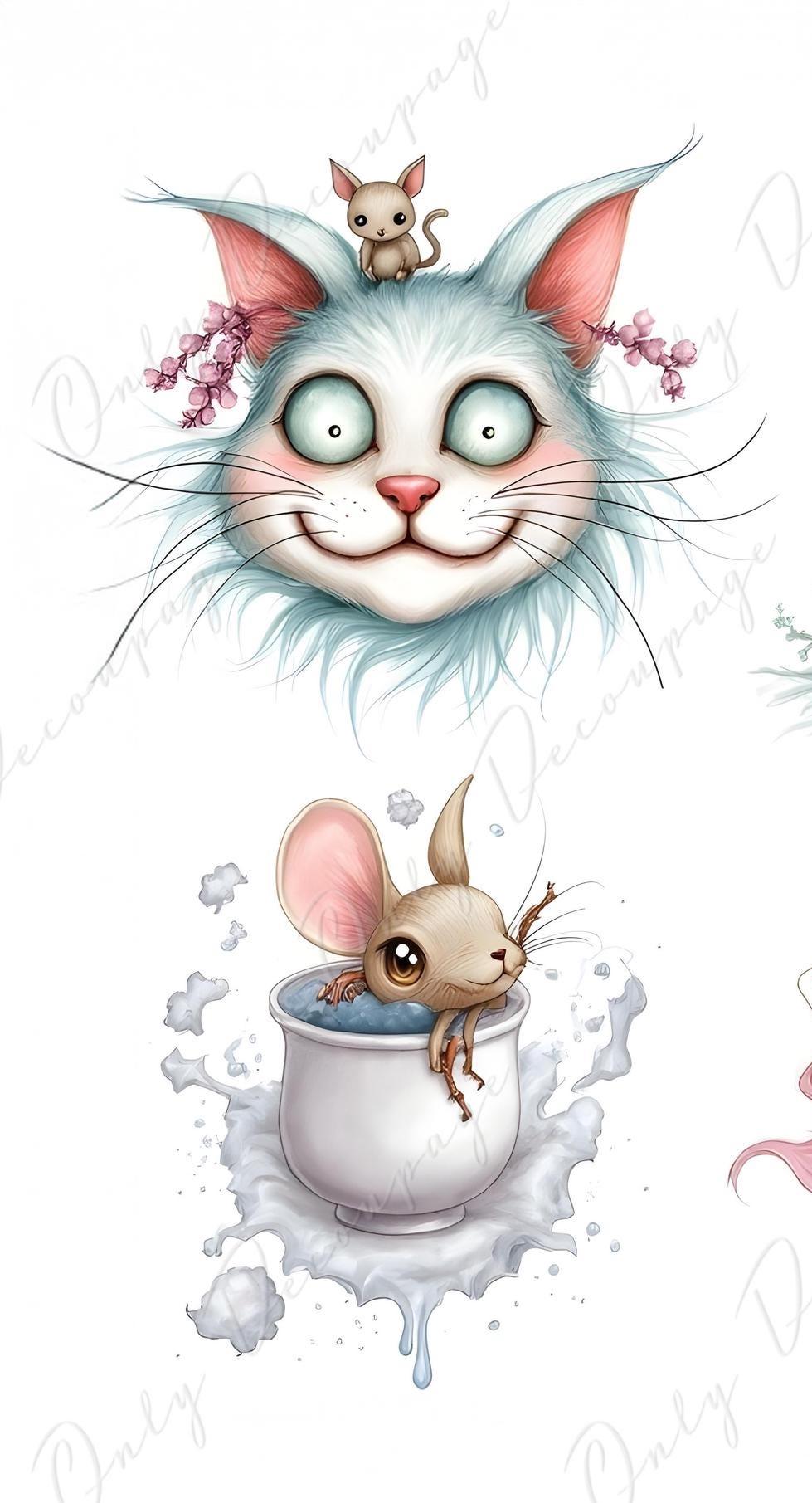 Wonderlan Alice Collage - Decoupage Paper - 6 Size Options - Tea Time - Rabbit - Cat