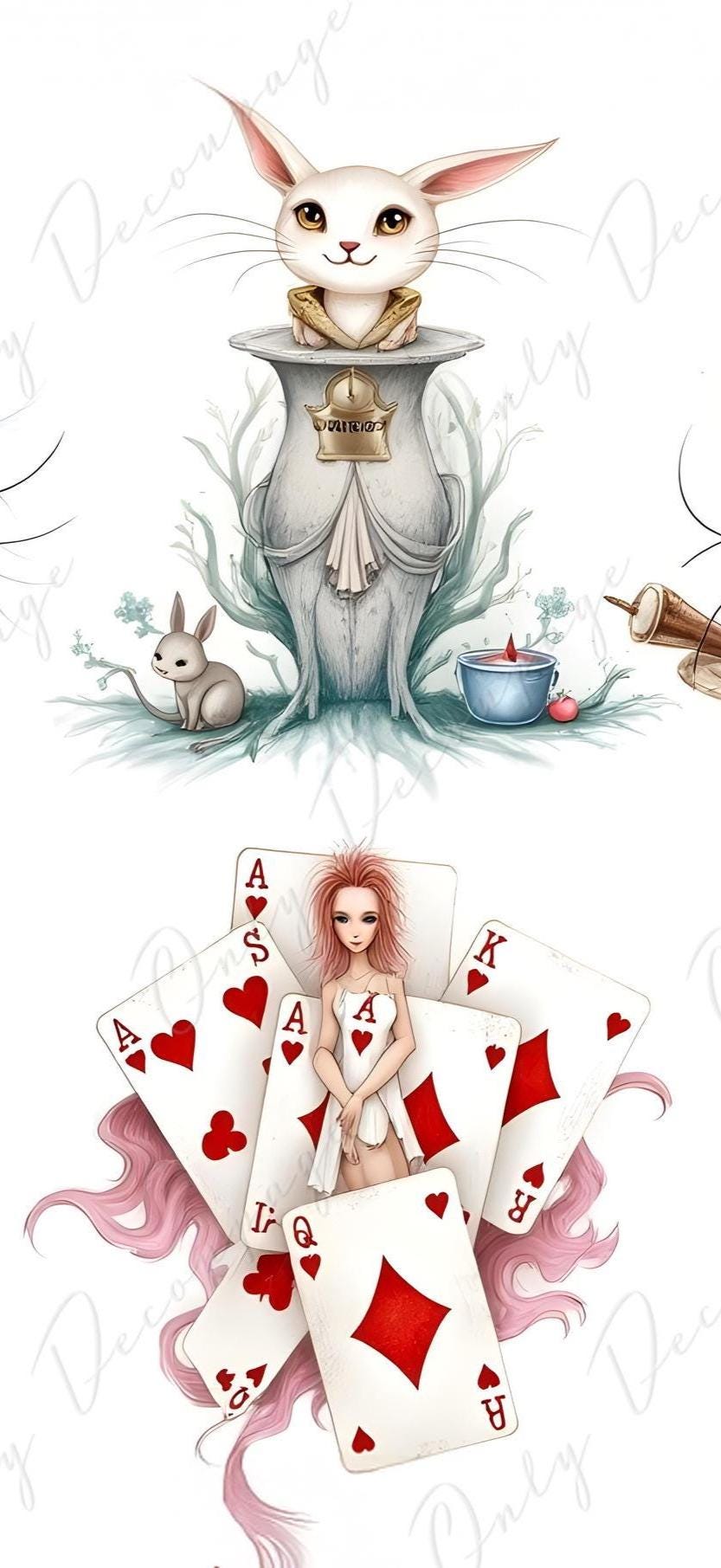 Wonderlan Alice Collage - Decoupage Paper - 6 Size Options - Tea Time - Rabbit - Cat