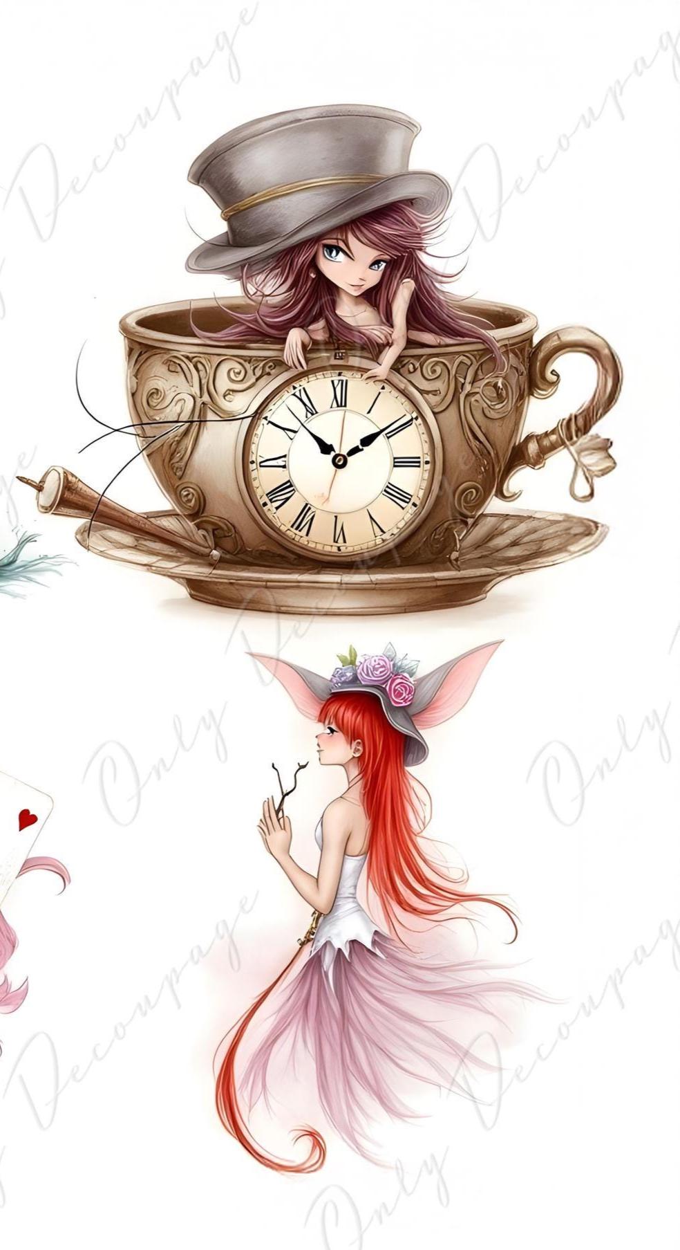 Wonderlan Alice Collage - Decoupage Paper - 6 Size Options - Tea Time - Rabbit - Cat
