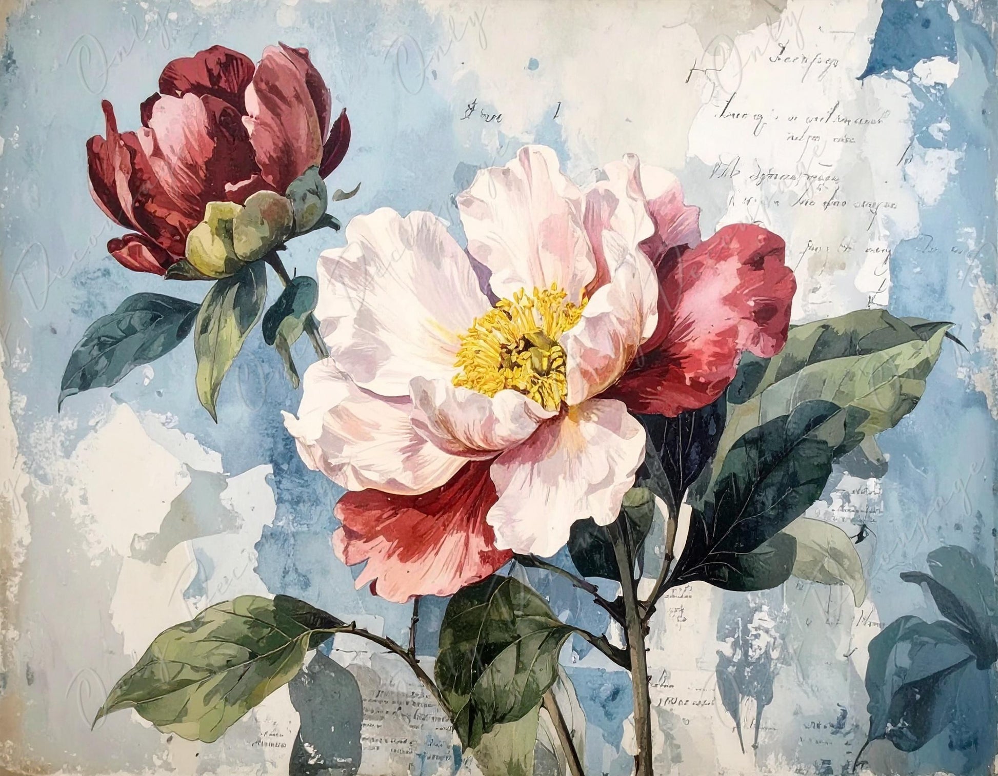 Botanical Art - 7 Size Options - Large Decoupage Paper for Furniture - Red and Pink Flower