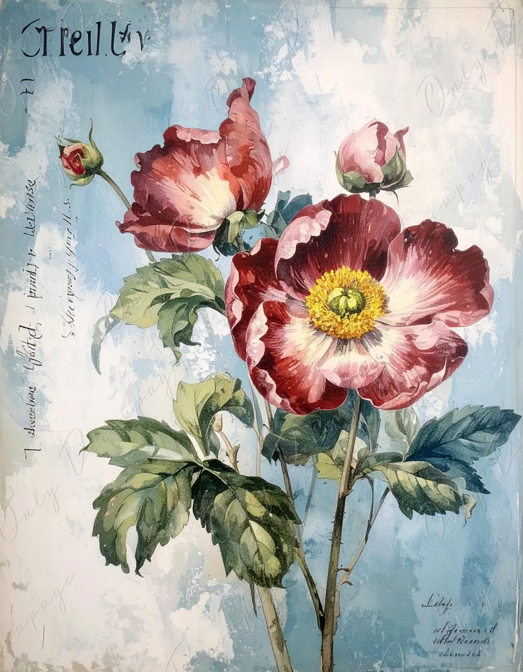 Botanical Art - 7 Size Options - Large Decoupage Paper for Furniture - Red Flower