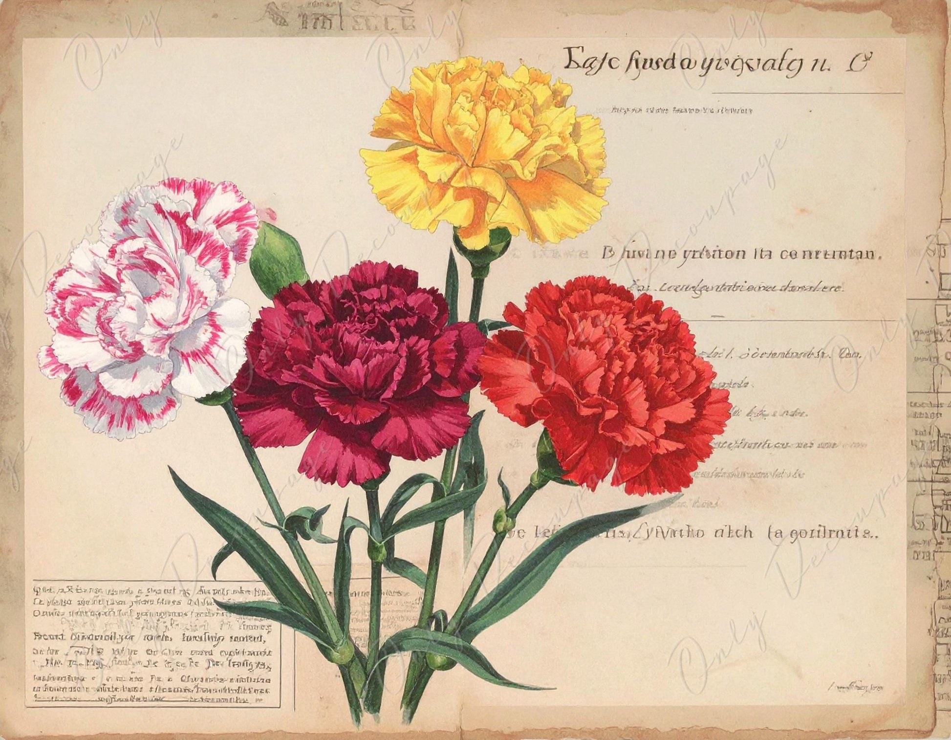 Bouquet of Carnations - 7 Size Options - Large Decoupage Paper for Furniture - Botanical Art