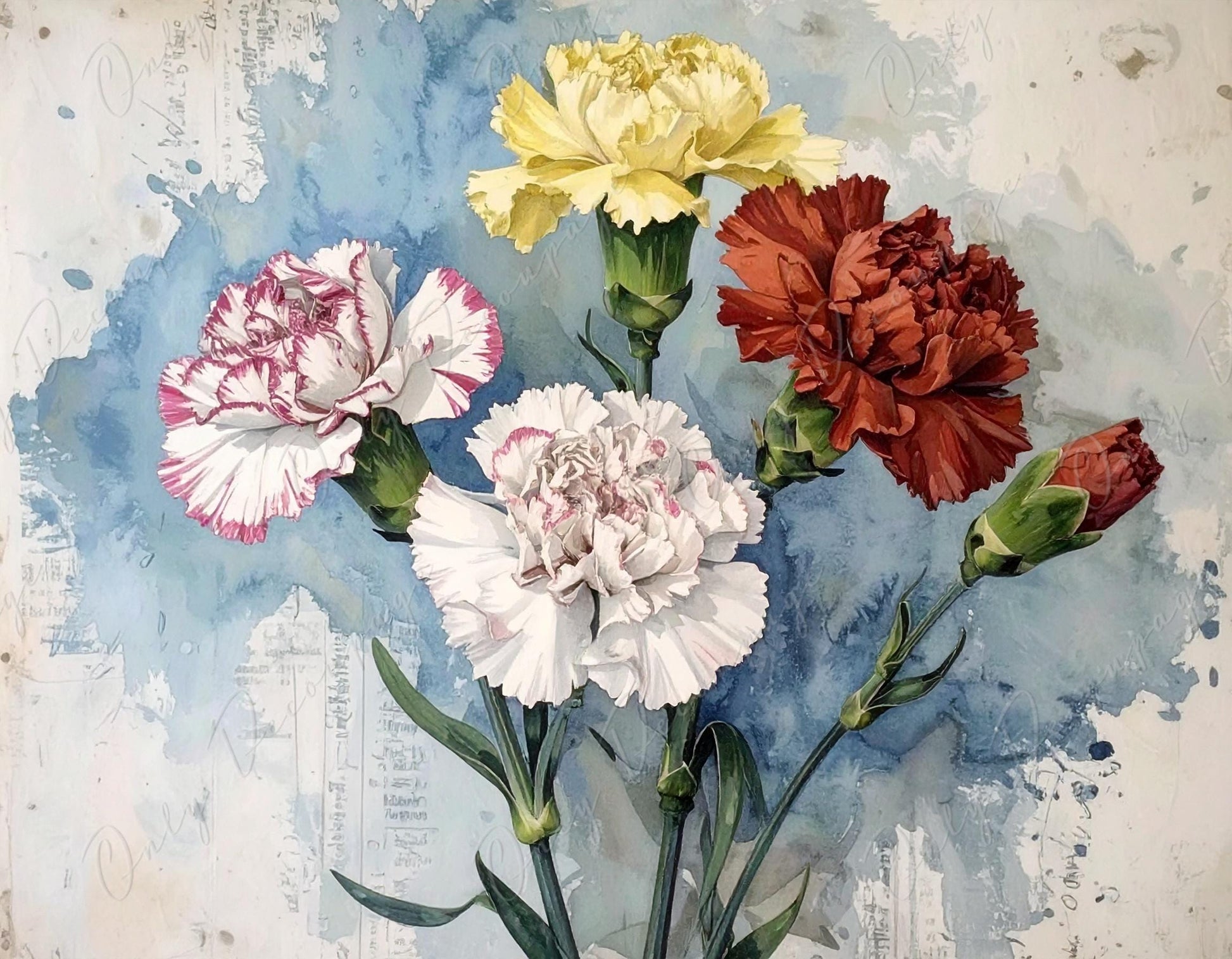 Bouquet of Carnations - 7 Size Options - Large Decoupage Paper for Furniture - Botanical Art