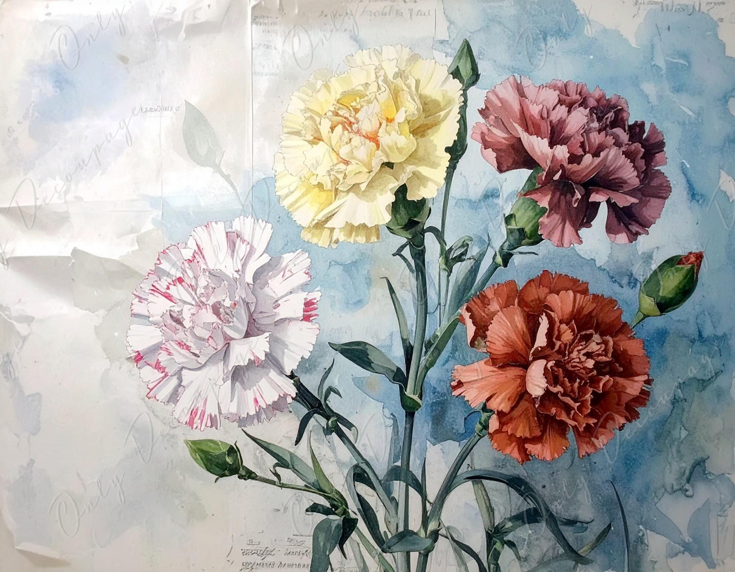 Watercolor Carnations - 7 Size Options - Large Decoupage Paper for Furniture - Botanical Art