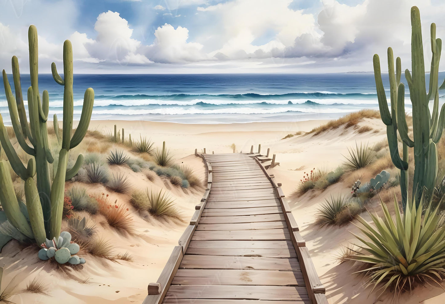 Beach - Large Decoupage Paper - 6 Size Options - Green Cactus - White Clouds