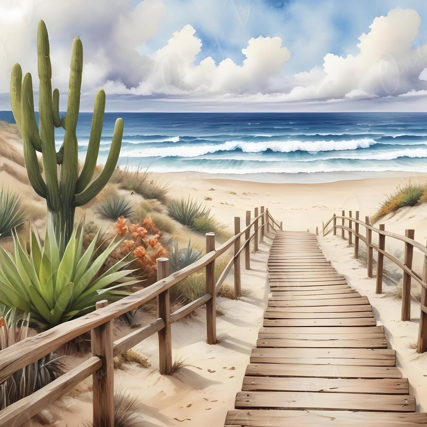 Beach - Large Decoupage Paper - 6 Size Options - Green Cactus - White Clouds