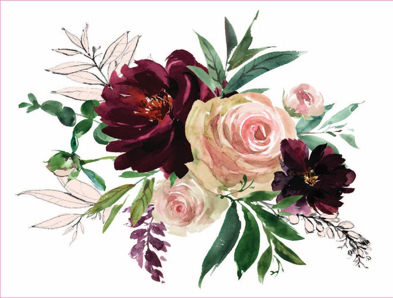 Watercolor Roses - Furniture Transfer - Easy Decor Transfer - Furniture Upcycling - Crimson - Green