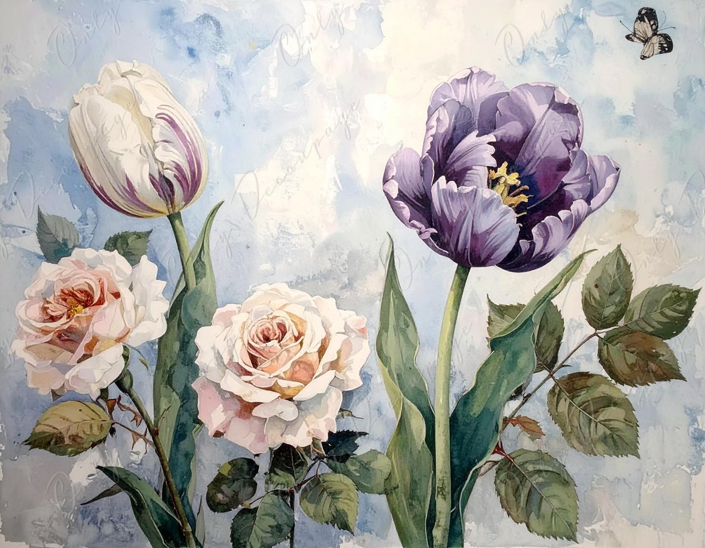 Watercolor Botanical Art - 7 Size Options - Large Decoupage Paper for Furniture - Floral Decoupage