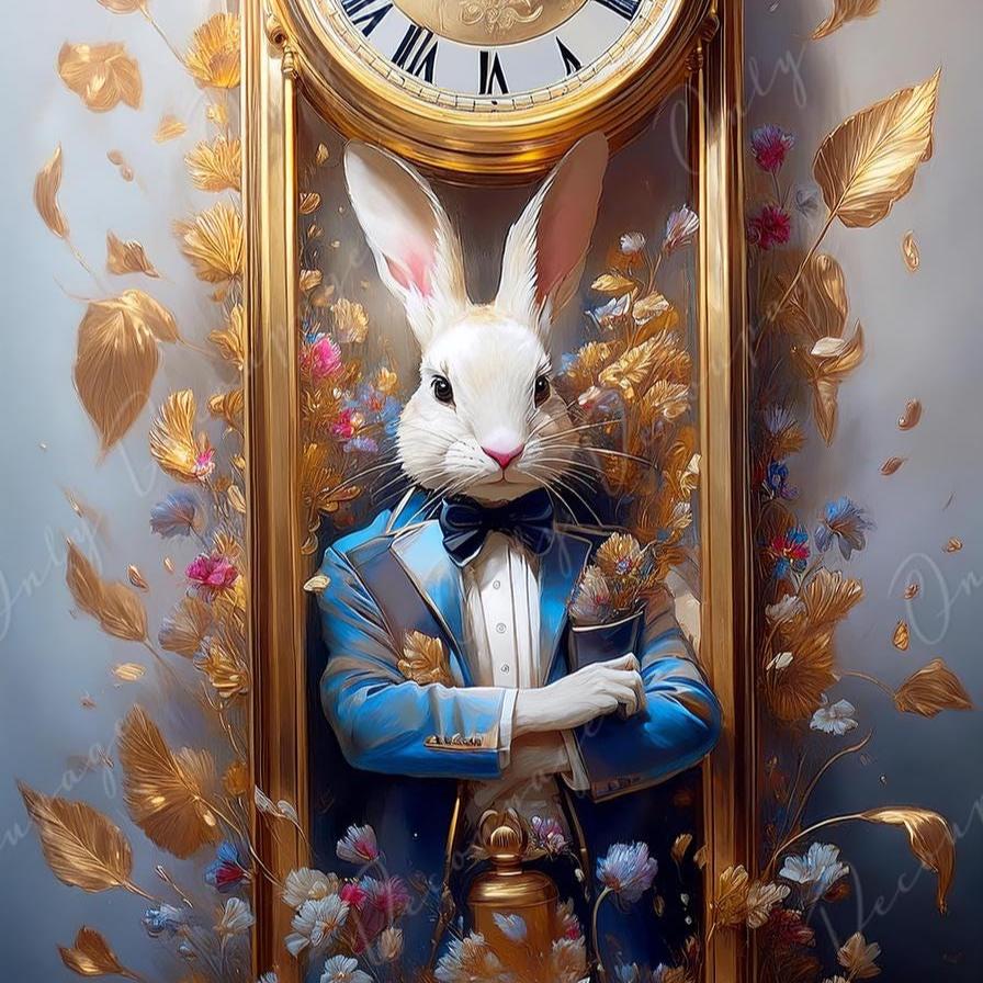 Fairytale - Large Decoupage Paper - 6 Size Options - Rabbit with Gold Clock