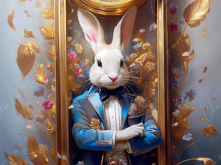 Fairytale - Large Decoupage Paper - 6 Size Options - Rabbit with Gold Clock