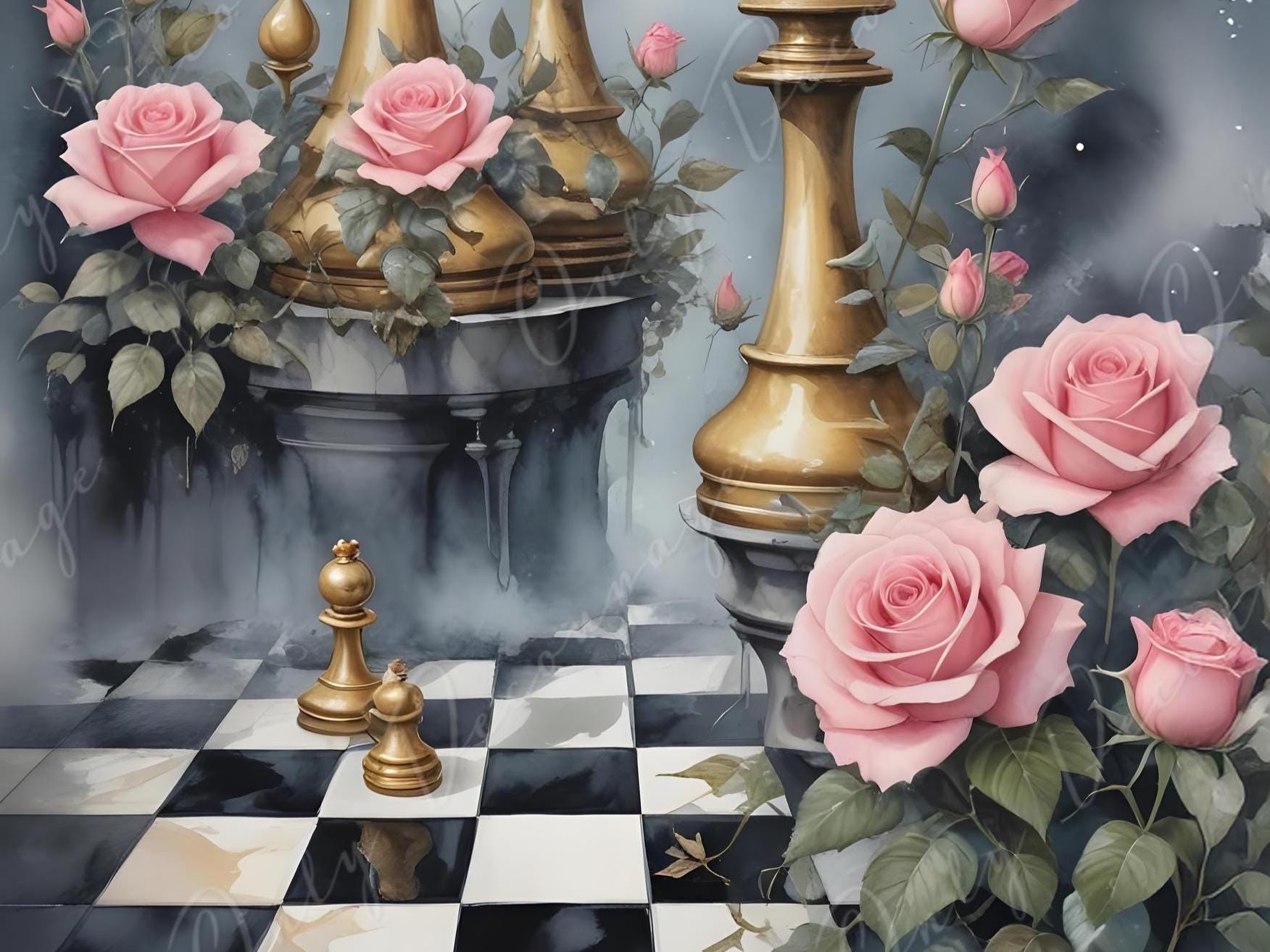 Fairytale - Large Decoupage Paper - 6 Size Options - Butterfly with Pink Roses - Chess Board