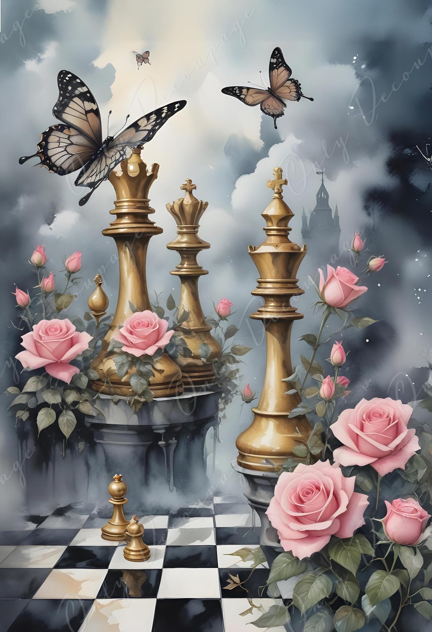 Fairytale - Large Decoupage Paper - 6 Size Options - Butterfly with Pink Roses - Chess Board