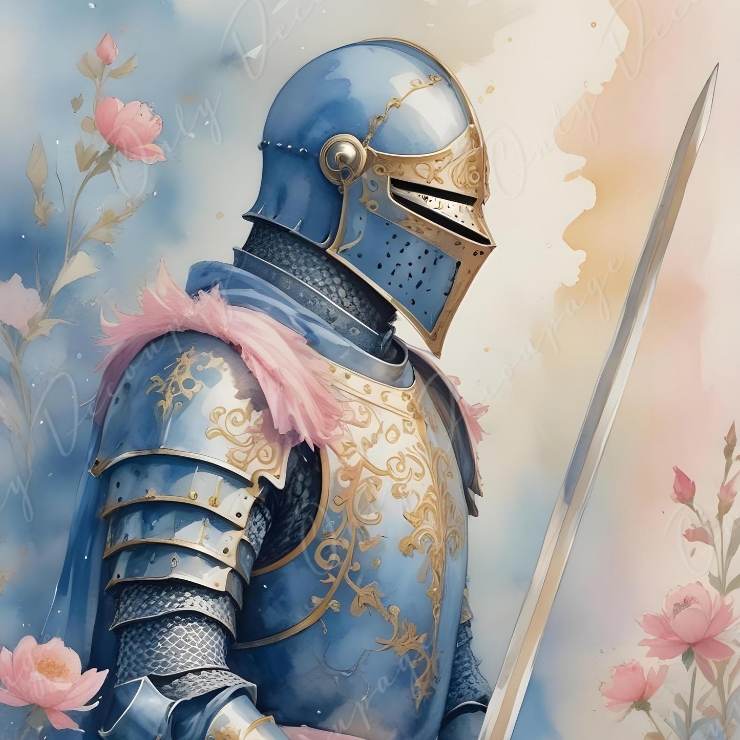 Fairytale - Large Decoupage Paper - 6 Size Options - Blue Chivalry - Sword - Pink Flowers