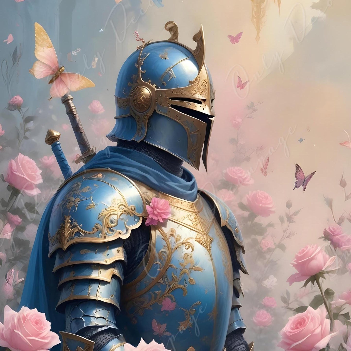 Fairytale - Large Decoupage Paper - 6 Size Options - Gold Chivalry - Sword - Pink Flowers