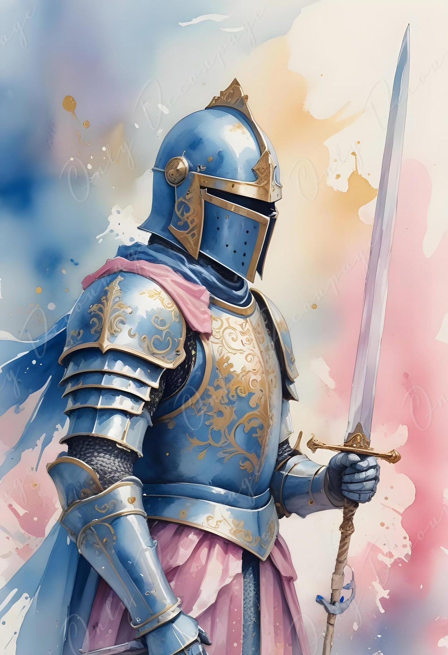 Fairytale - Large Decoupage Paper - 6 Size Options - Gold Chivalry - Sword - Pink