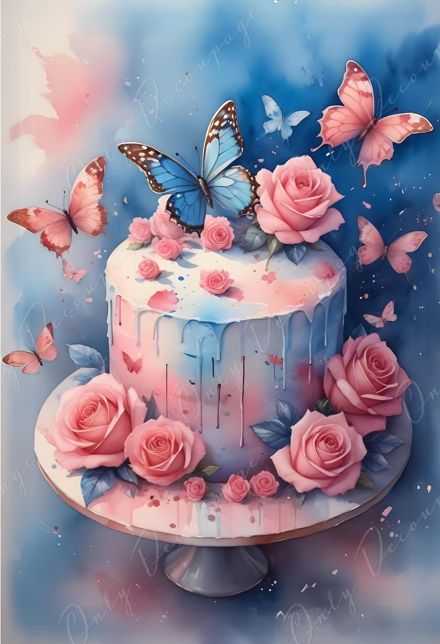 Fairytale - Large Decoupage Paper - 6 Size Options - Wedding Cake with Flowers - Butterfly
