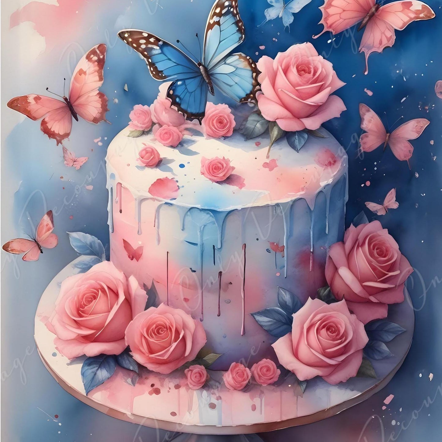 Fairytale - Large Decoupage Paper - 6 Size Options - Wedding Cake with Flowers - Butterfly