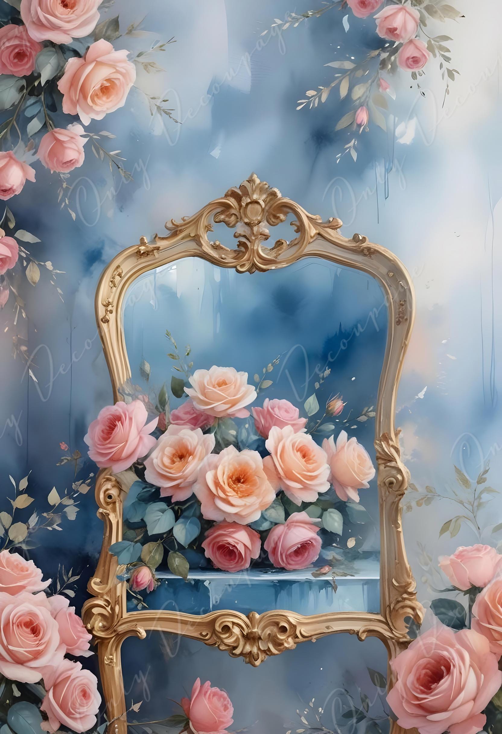 Fairytale - Large Decoupage Paper - 6 Size Options - Pink Blue Floral Rice Paper
