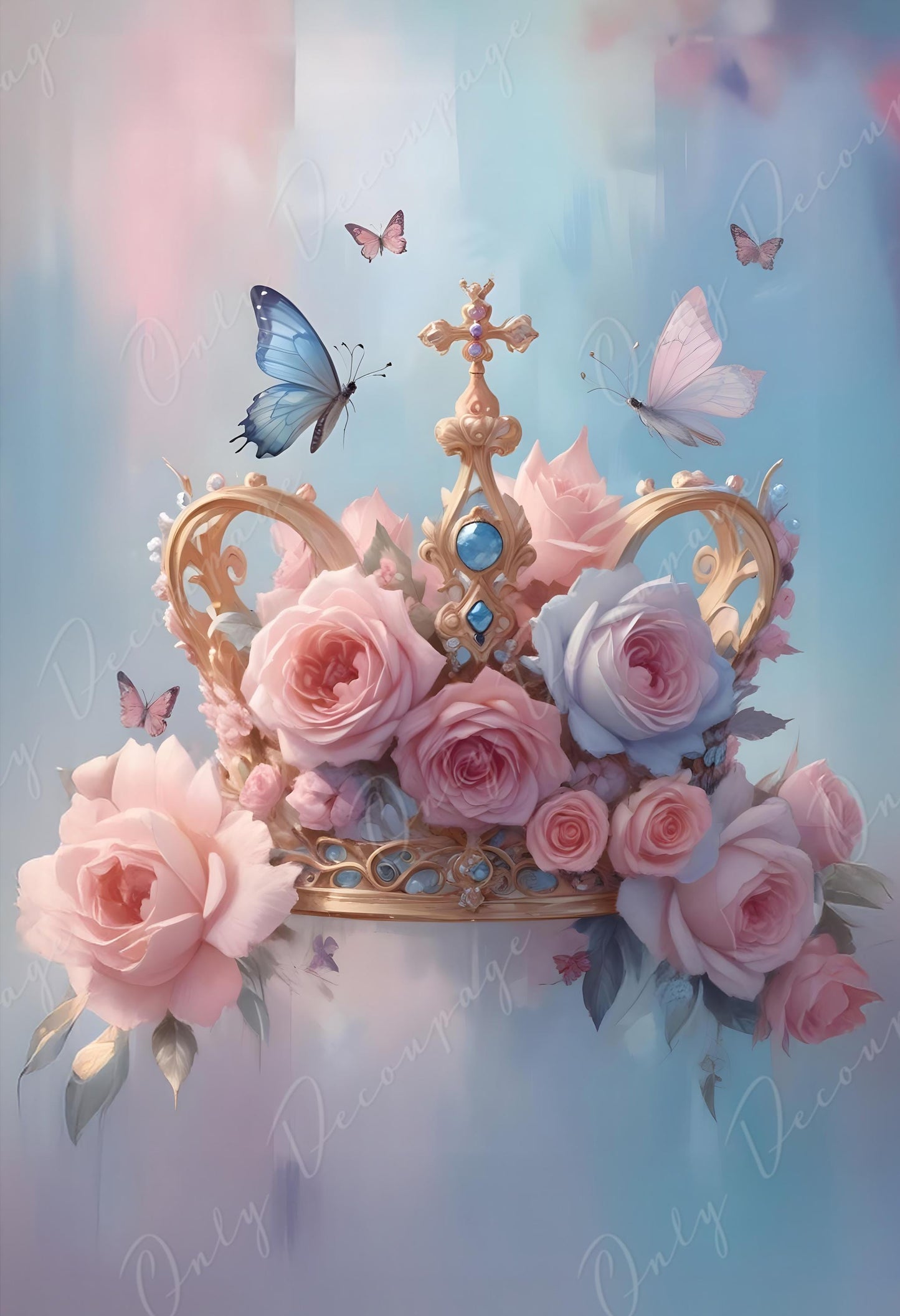 Fairytale - Large Decoupage Paper - 6 Size Options - Pink Floral Rice Paper- Crown - Blue Butterfly