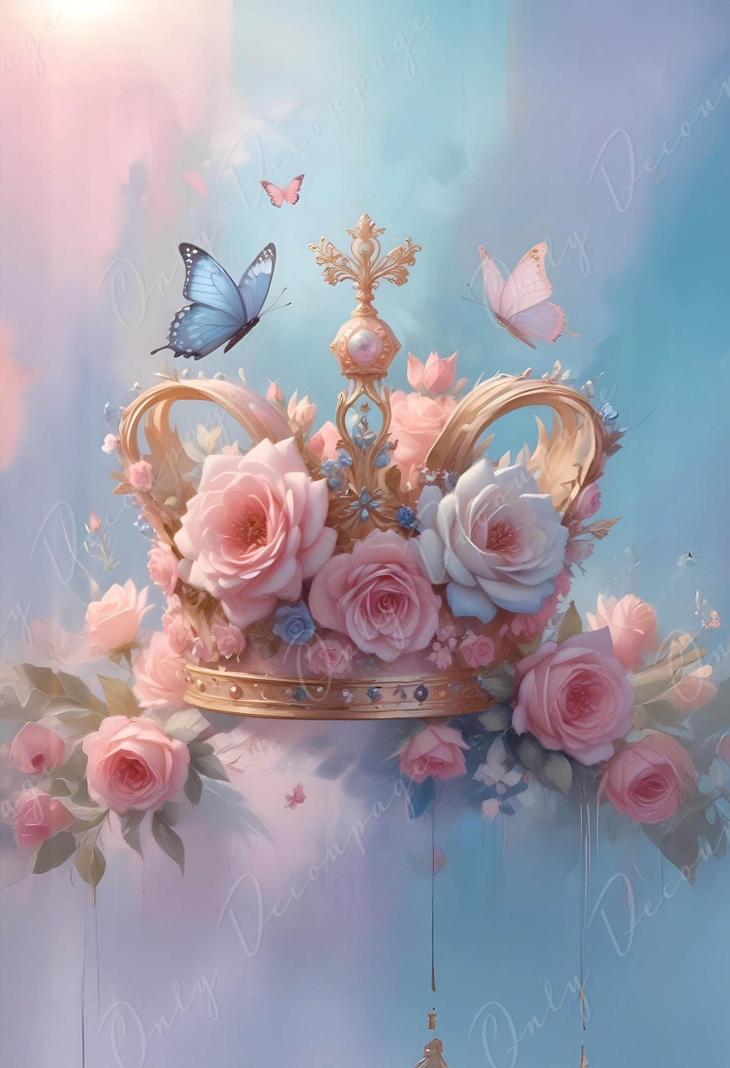 Fairytale - Large Decoupage Paper - 6 Size Options - Pink Floral Rice Paper- Crown - Blue Butterfly