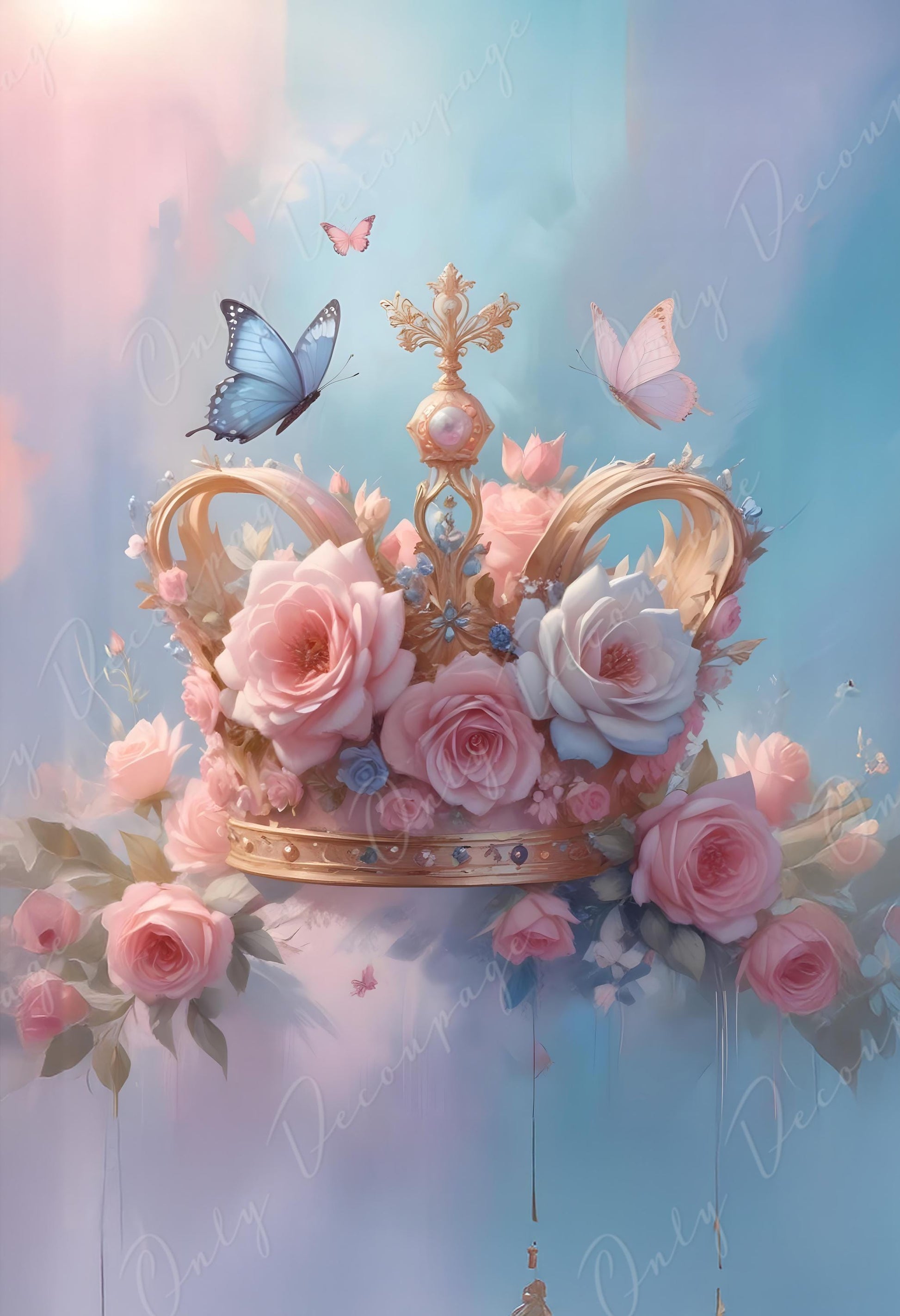 Fairytale - Large Decoupage Paper - 6 Size Options - Pink Floral Rice Paper- Crown - Blue Butterfly
