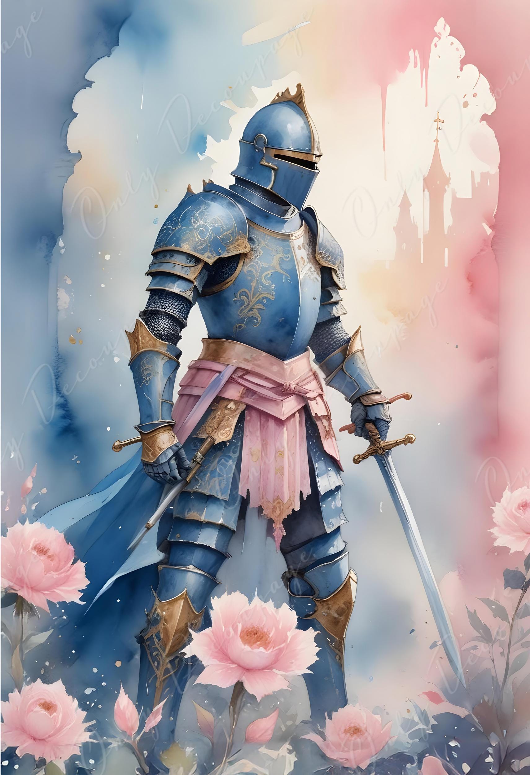 Fairytale - Large Decoupage Paper - 6 Size Options - Pinky Chivalry - Sword - Flowers