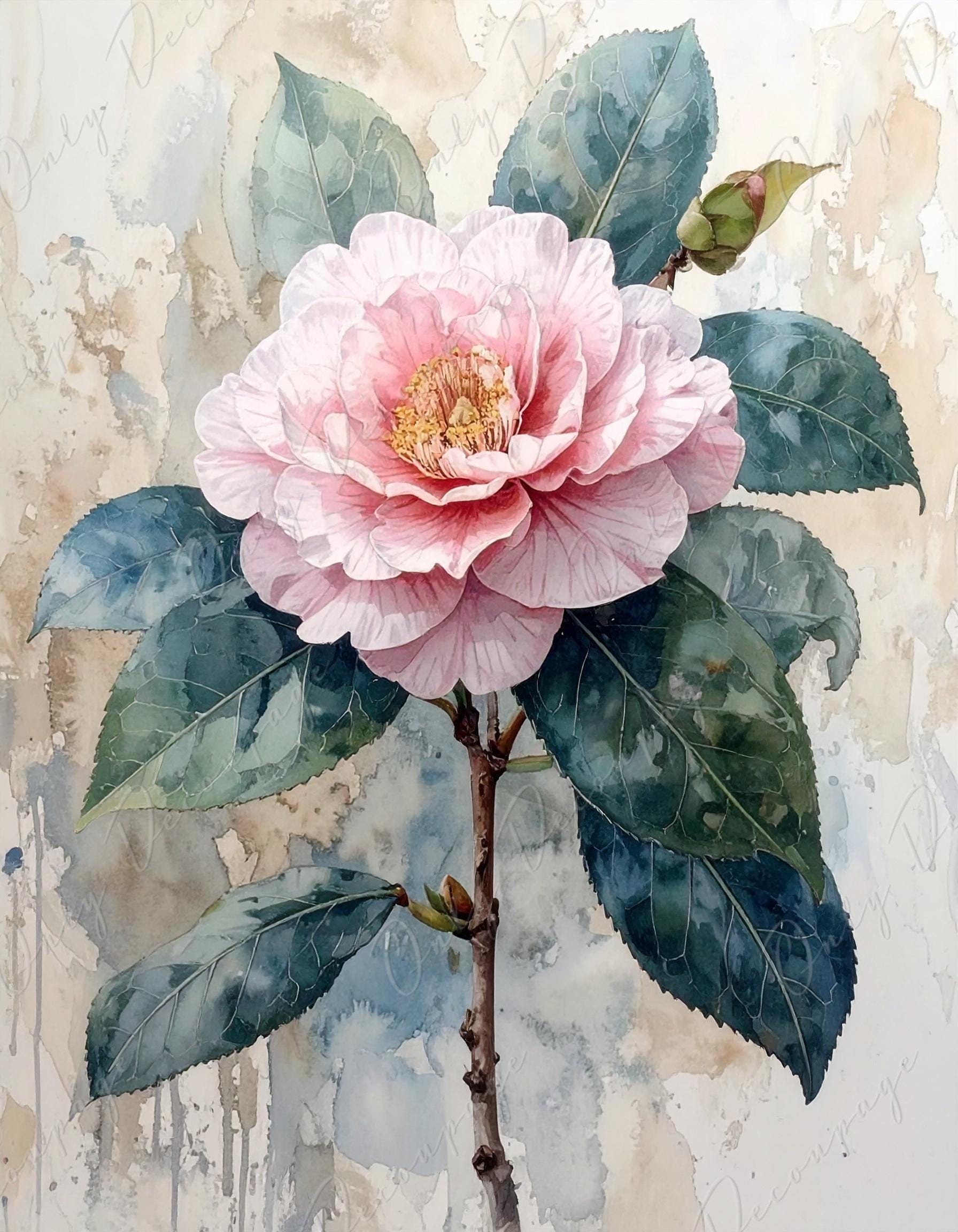 Pink Camellia - Decoupage Paper for Furniture - 7 Size Options - Botanical Art