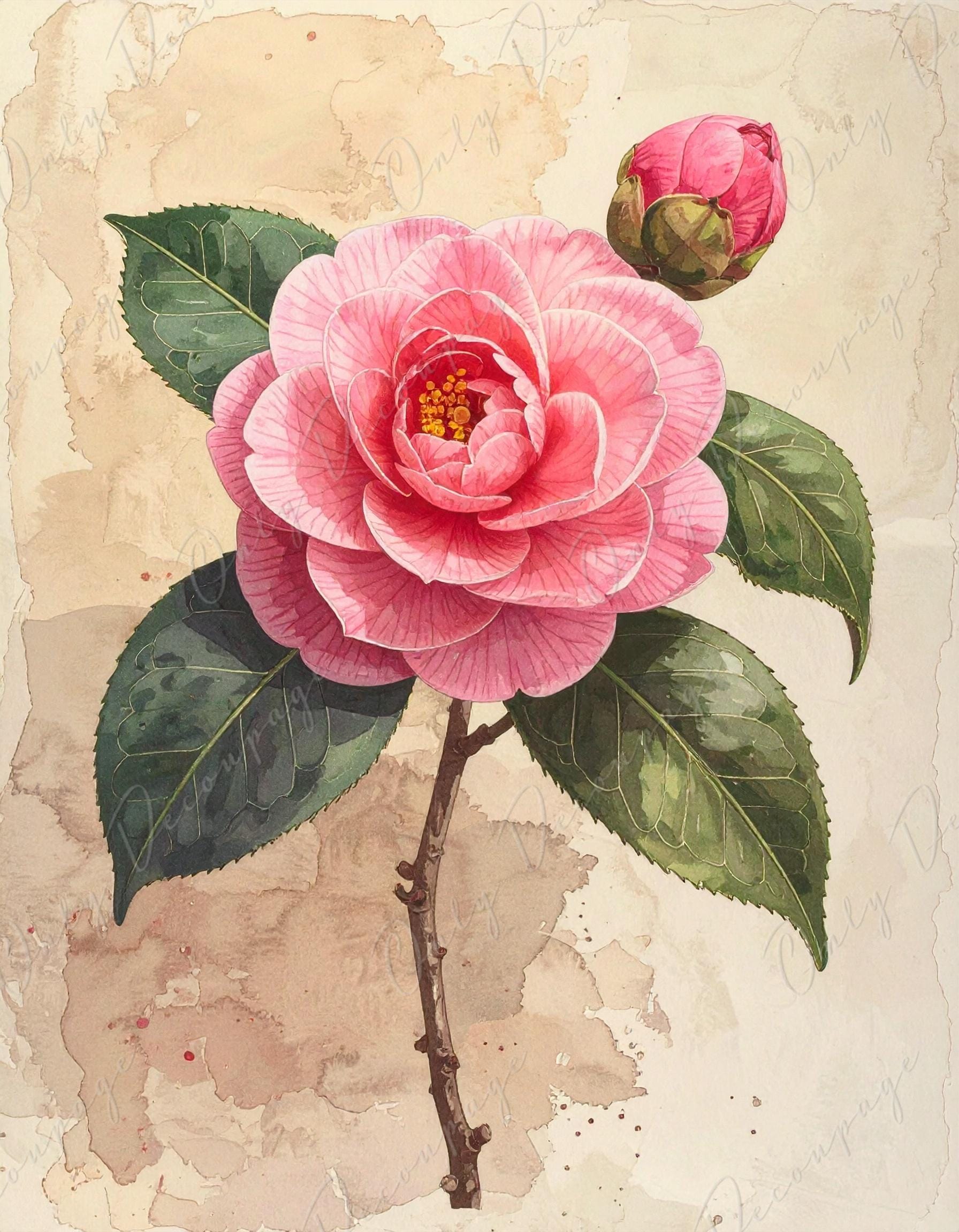 Pink Camellia - Decoupage Paper for Furniture - 7 Size Options - Botanical Art