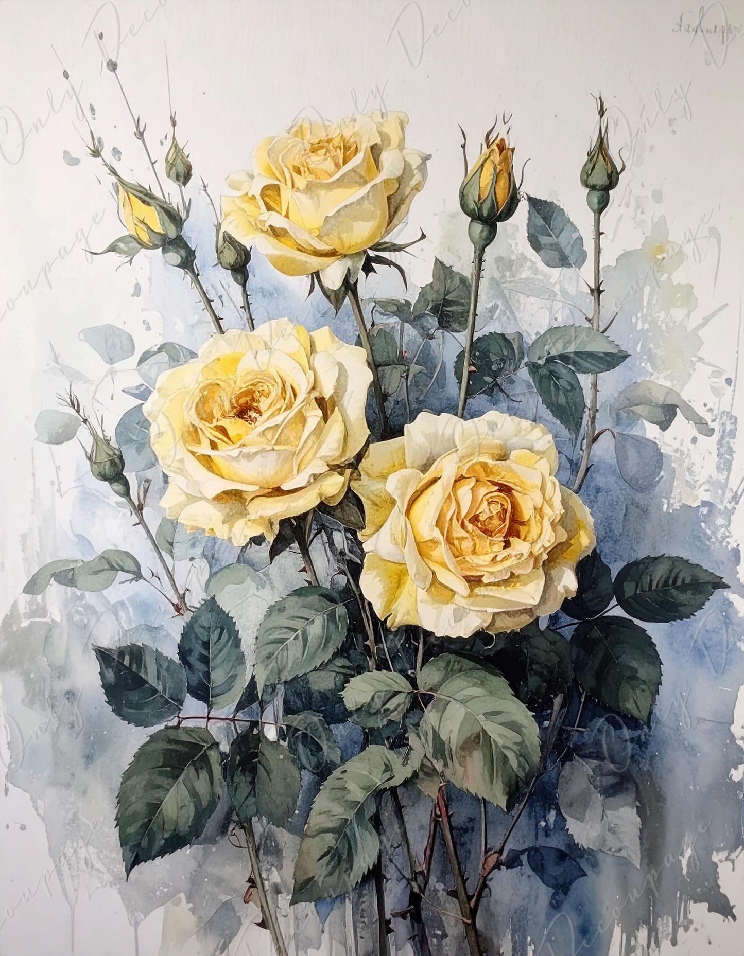 Decoupage Paper for Furniture - 7 Size Options - Botanical Art - Yellow Roses
