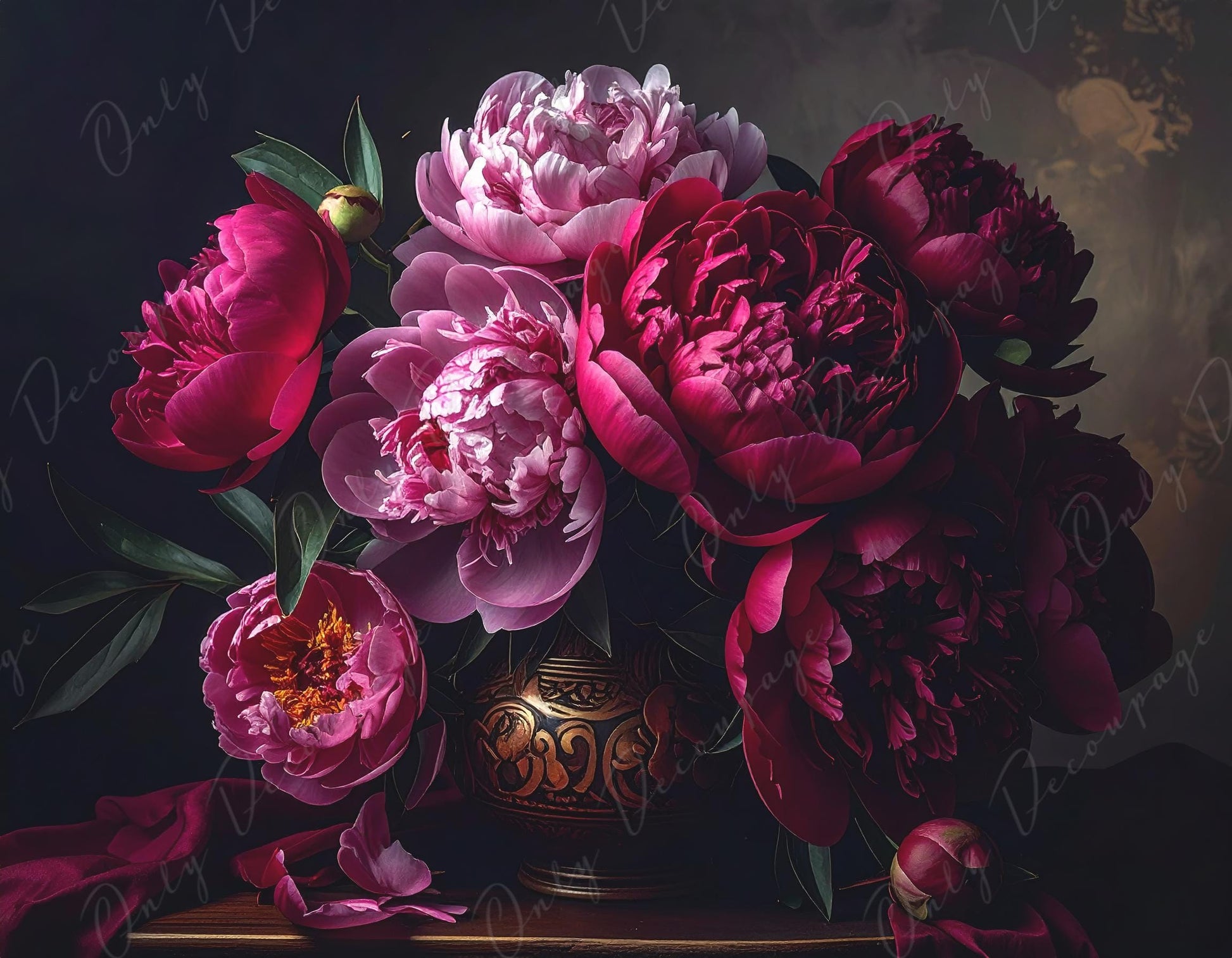 Large Decoupage Paper for Furniture - 7 Size Options - Chiaroscuro - Crimson Flowers