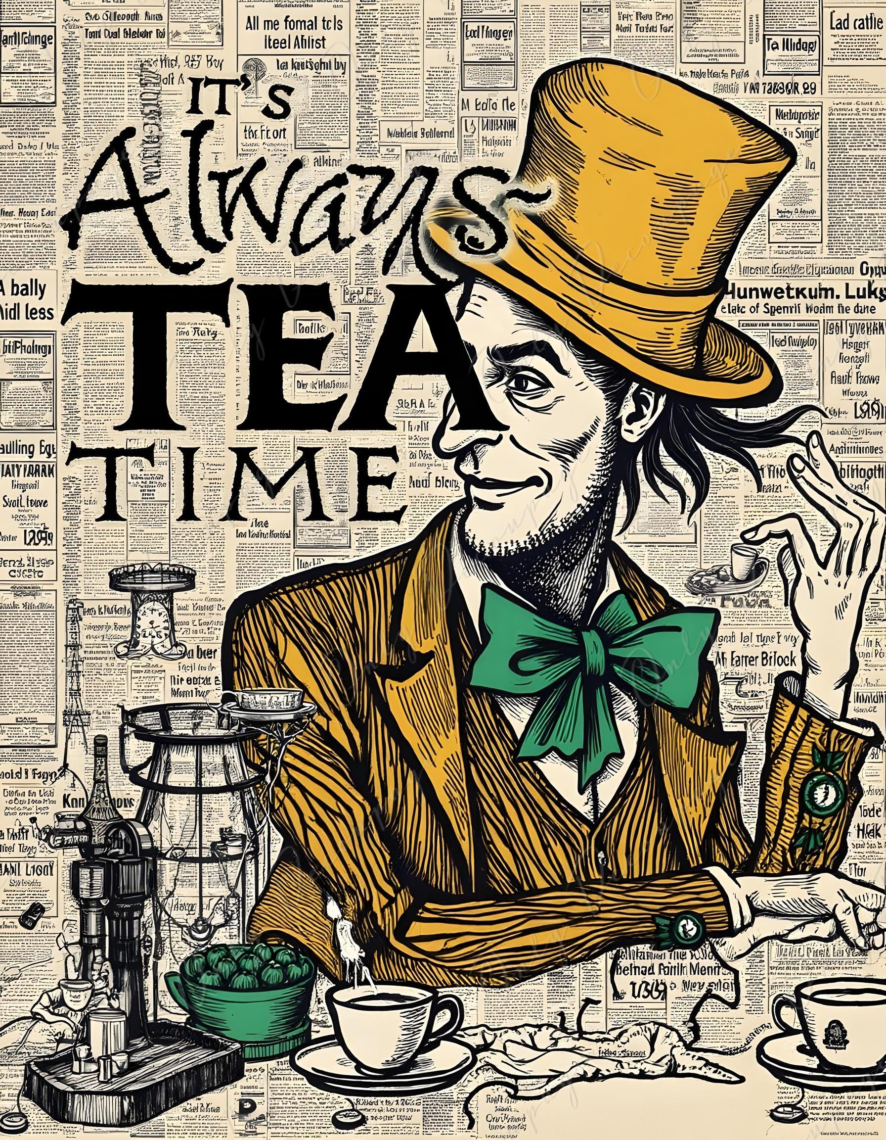 It's Always Tea Time - Large Decoupage Paper for Furniture - 6 Size Options - Fairytale Alice - Newspaper