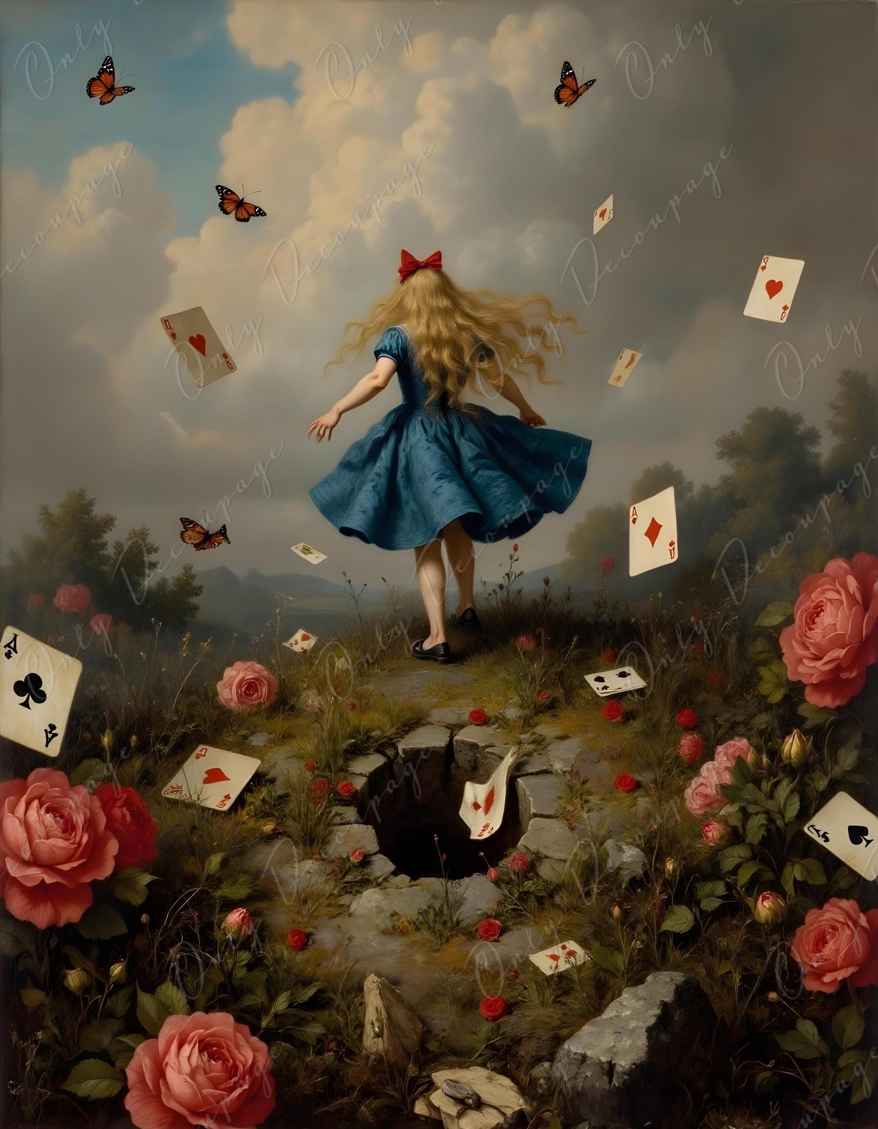 Wonderland Alice - Large Decoupage Paper for Furniture - 6 Size Options - Rabbit Hole