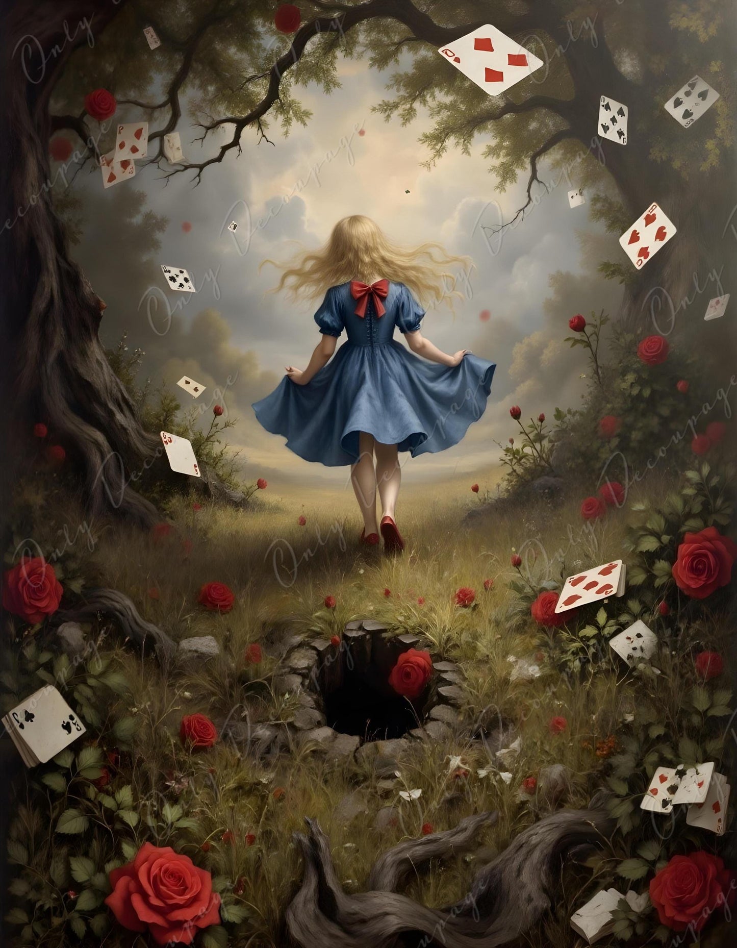 Wonderland Alice - Decoupage Paper - 6 Size Options - Rabbit Hole - Playing Cards - Forrest