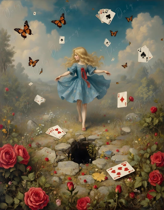 Wonderland Alice - Decoupage Paper - 6 Size Options - Rabbit Hole - Playing Cards - Butterfly