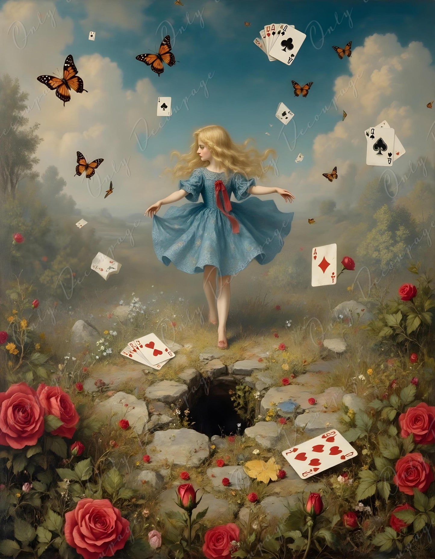Wonderland Alice - Decoupage Paper - 6 Size Options - Rabbit Hole - Playing Cards - Butterfly