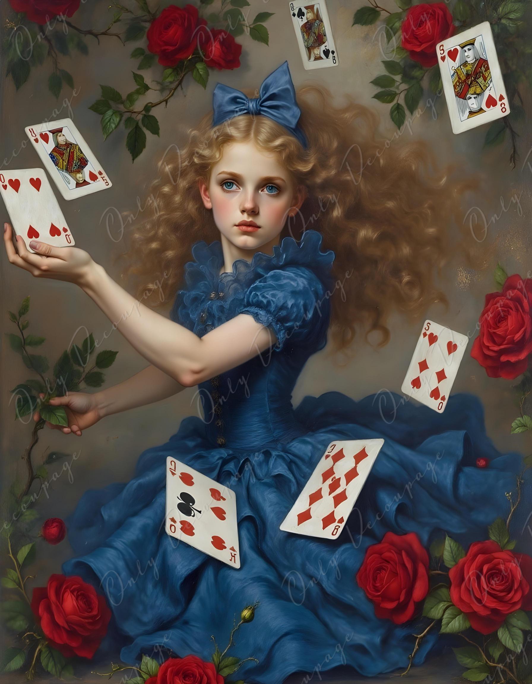 Fairytale Alice - Furniture Decoupage Paper - 6 Size Options - Playing Cards - Red Roses
