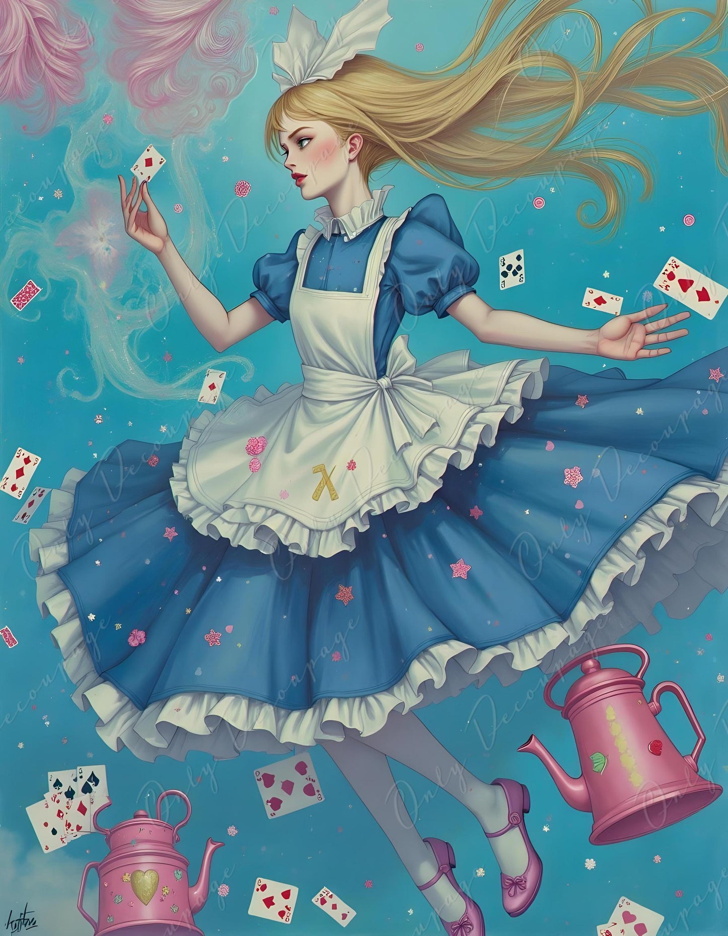 Fairytale Alice - Furniture Decoupage Paper - 6 Size Options - Playing Cards - Pink Pot - Blue Dress