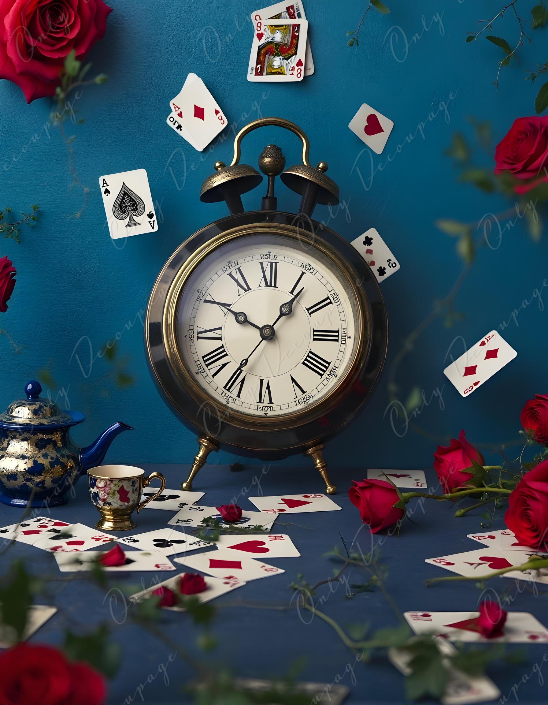 Fairytale Alice - Furniture Decoupage Paper - 6 Size Options - Playing Cards - Vintage Clock