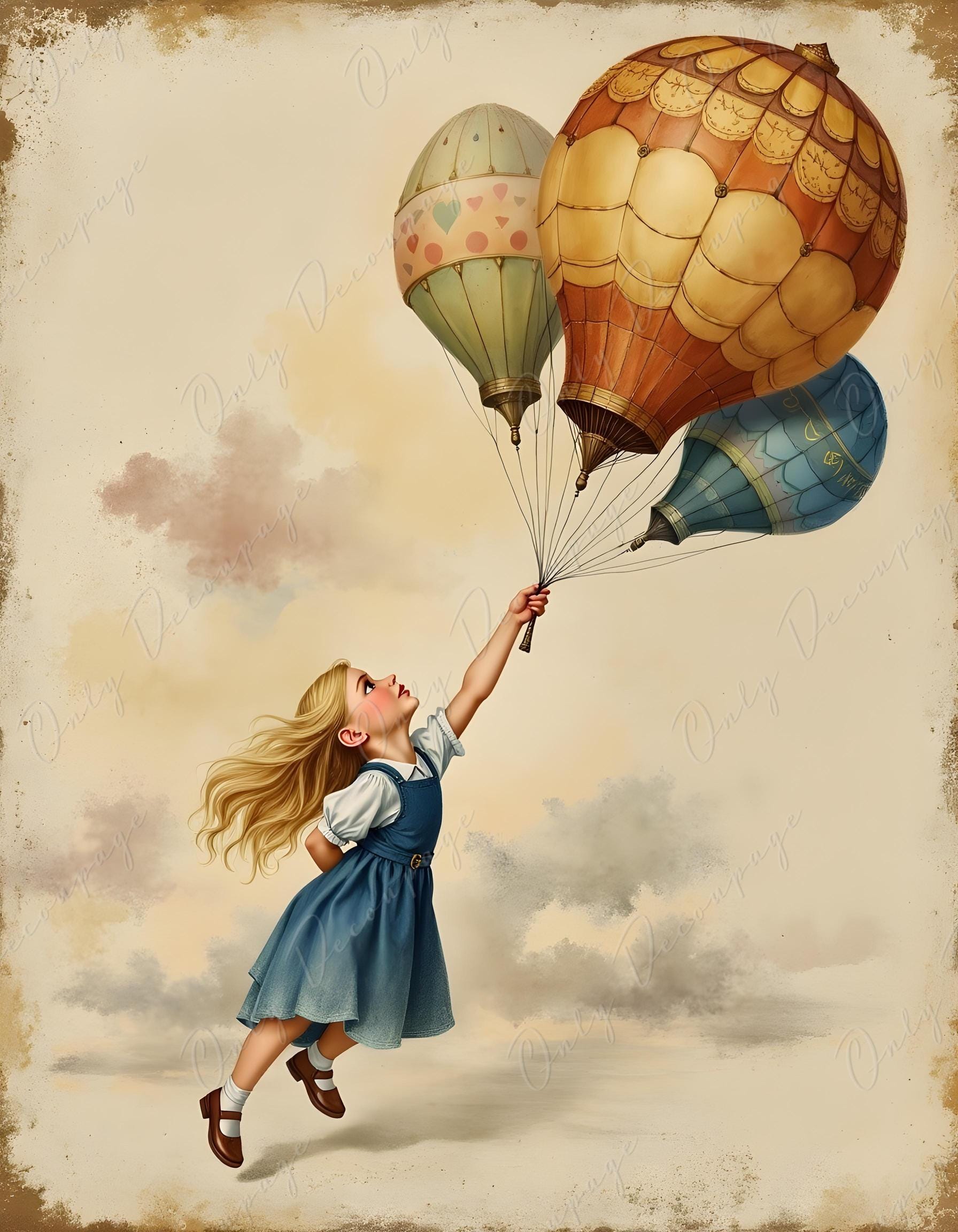 Alice - Furniture Decoupage Paper - 6 Size Options - Colorful Balloons - Clouds