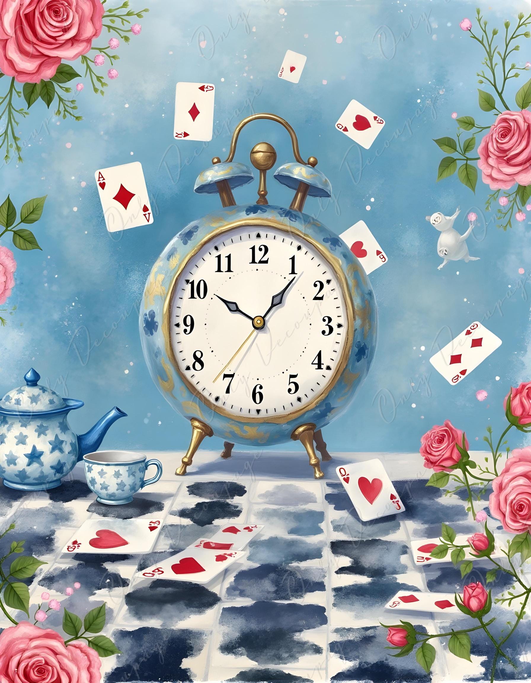 Fairytale Alice - Furniture Decoupage Paper - 6 Size Options - Pink Roses - Vintage Clock- Blue