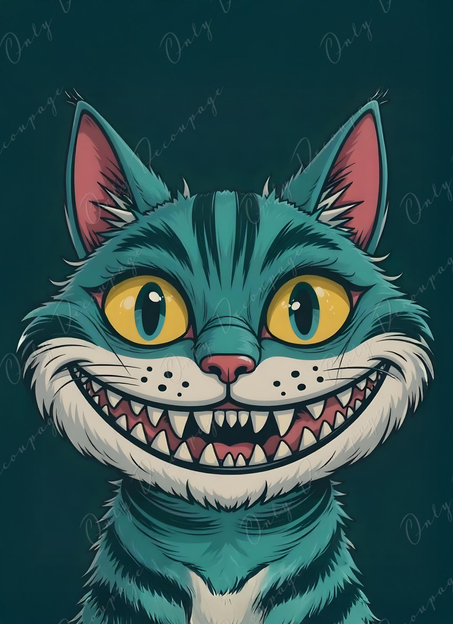 Cheshire Cat - Decoupage Paper - 6 Size Options - Green Cat- Big Eyes