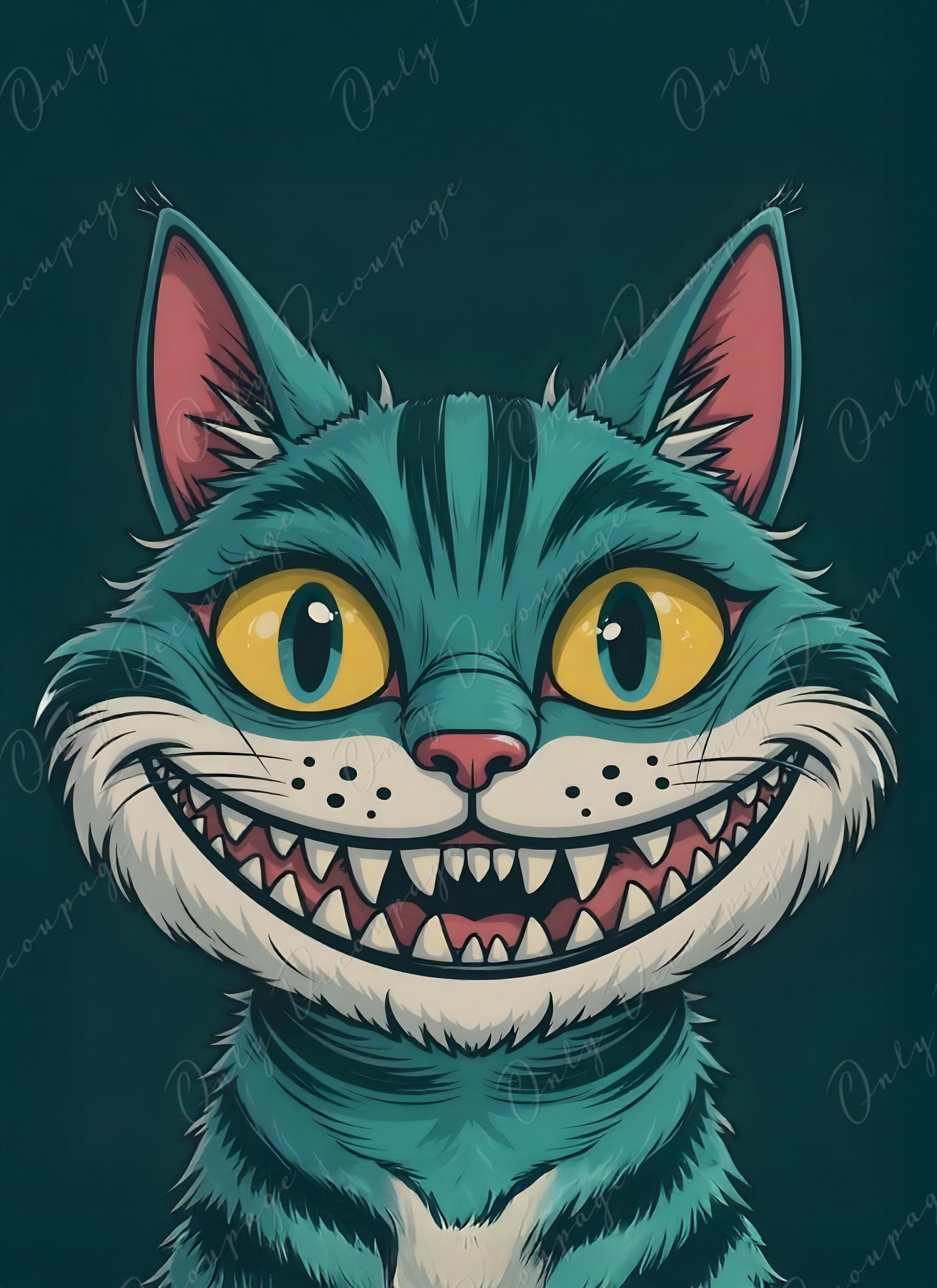 Cheshire Cat - Decoupage Paper - 6 Size Options - Green Cat- Big Eyes